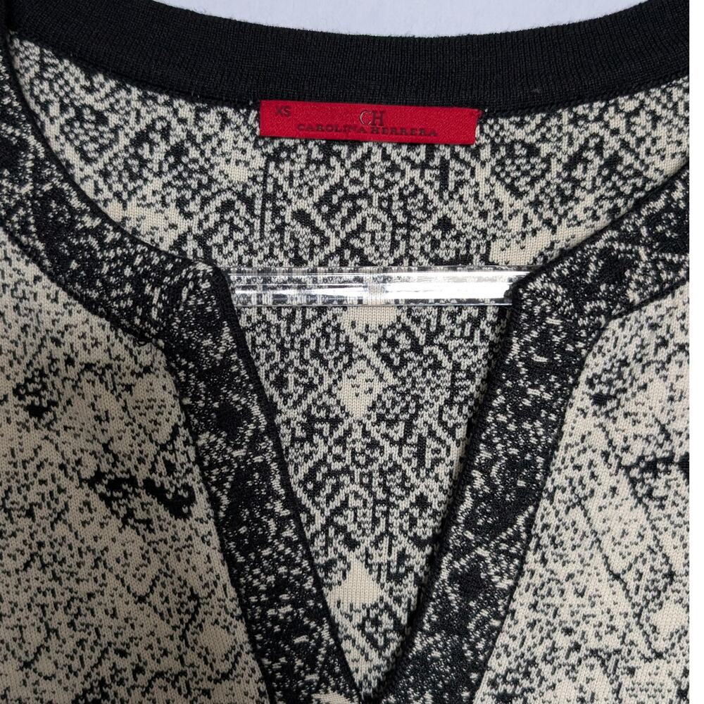 Carolina Herrera Ivory & Black Jacquard Sheath Dress Elbow Sleeve - Picture 3 of 7